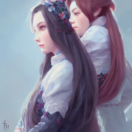 Prompt: a highly detailed portrait of sisters with purpure very very long hair, There are large snow-white peonies in the background, artstation, highly detailed, portrait, by krenz cushart