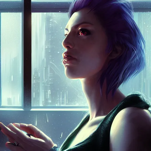 Image similar to portrait of cyberpunk woman looking out of a window, cyberpunk setting, futuristic, highly detailed, intricate lighting, digital painting, sharp focus, illustration, trending on artstation, art by artgerm.