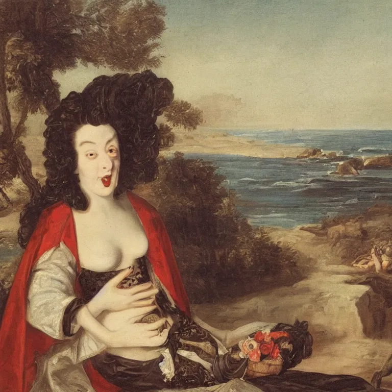 Prompt: portrait of ancient vampire queen enjoying a day at the beach, 18th century