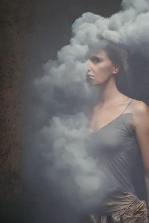 Image similar to 4k Detailed portrait by Gregory Crewdson of A woman shrouded in a cloud of smoke
