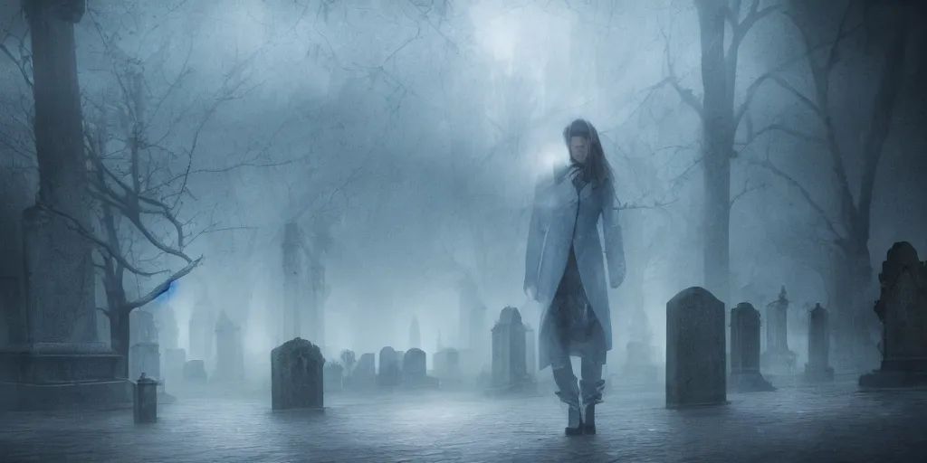 Image similar to Vampire Chronicles characters in real life, fog, rain, volumetric lighting, beautiful, night time, cemetery, sharp focus, ultra detailed, cgsociety