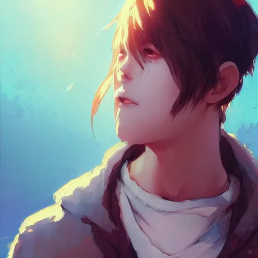 Prompt: portrait of a feminine teenage boy with brown hair and blue eyes, wearing an oversized sweater, dramatic lighting, anime illustration by Greg rutkowski, yoji shinkawa, 4k, digital art, concept art, trending on artstation, アニメ, featured on pixiv