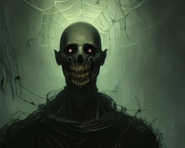 Prompt: a 4 k cinematic screenshot still portrait of a ghoul in a dark liminal space room surrounded by spider webs, deep focus, d & d, fantasy, intricate, elegant, highly detailed, digital painting, art station, concept art, matte, sharp focus, illustration, dark fantasy style art, hearthstone, art by artgerm and greg rutkowski and alphonse mucha