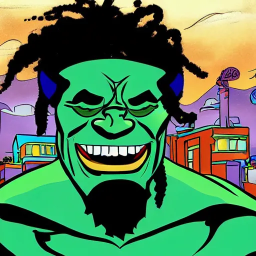 Image similar to black hulk with dreadlocks, cartoon drawing, meme