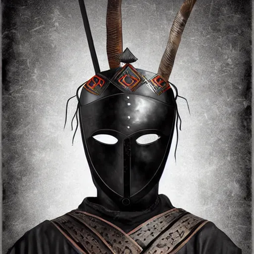 Image similar to an ancient warrior in black wearing a metal mask, digital art