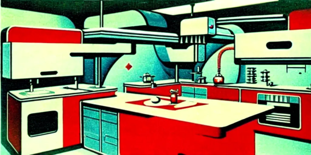 Prompt: soviet retro - futuristic kitchen, space station