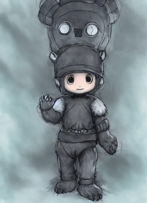 Image similar to beautiful little boy wearing an cyborg bear suit, artwork in kentaro miura and made in abyss and rosdraws, smooth, beautiful lightness, anatomically correct, trending on pixiv, forest