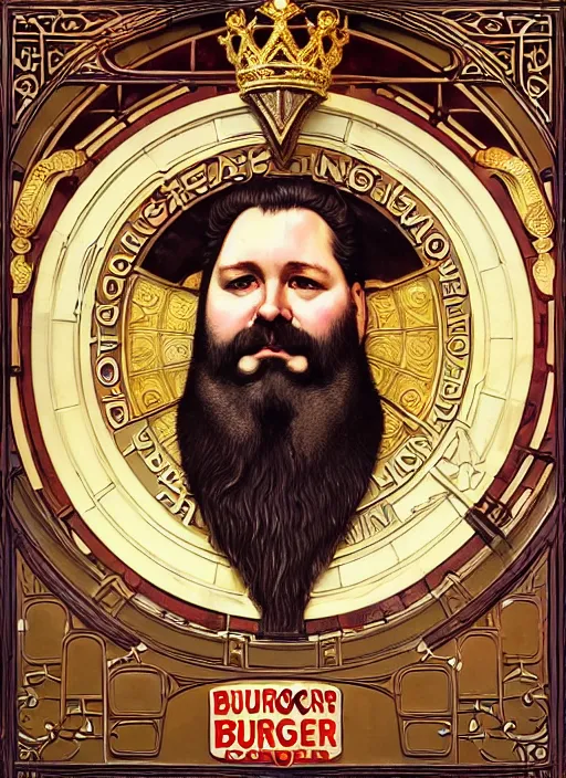 Prompt: close up portrait of the burger king, heavyset middle aged king with big bushy beard, ornate noble robs with jeweled crown by artgerm, cushart krenz, greg rutkowski, mucha. art nouveau. gloomhaven, golden arches logo, pale colors, sharp edges. ultra clear detailed. 8 k. elegant, intricate, octane render