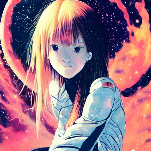 Prompt: portrait of a young astronaut girl, flowing white hair, littlethunder, loish, yoshitoshi abe, murata range, synthwave, cosmic,orange, manga, anime, tsutomu nihei, vibrant, beautiful, dreamy, ((space nebula background))