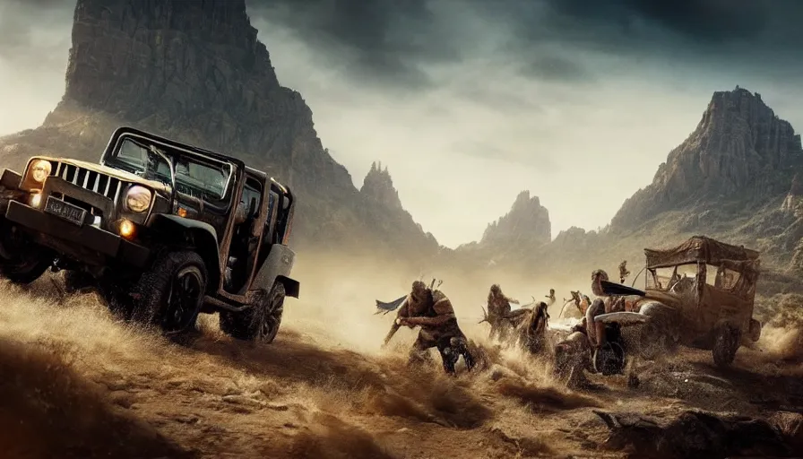 Image similar to Mahindra thar, tribe members attacking, action scene, an epic fantasy, dramatic lighting, cinematic, establishing shot, extremely high detail, photorealistic, cinematic lighting, artstation, matte painting, by christopher nolan, horizon forbidden west