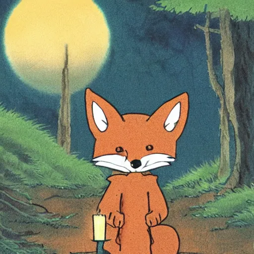 Image similar to a fox carrying a candle in the forest by studio ghibli