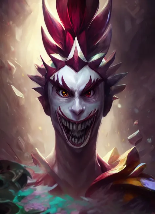 Prompt: shaco from league of legends, half body shot, path traced, realistic, highly detailed, high quality, digital painting, hd, alena aenami, lilia alvarado, shinji aramaki, karol bak, alphonse mucha, tom bagshaw