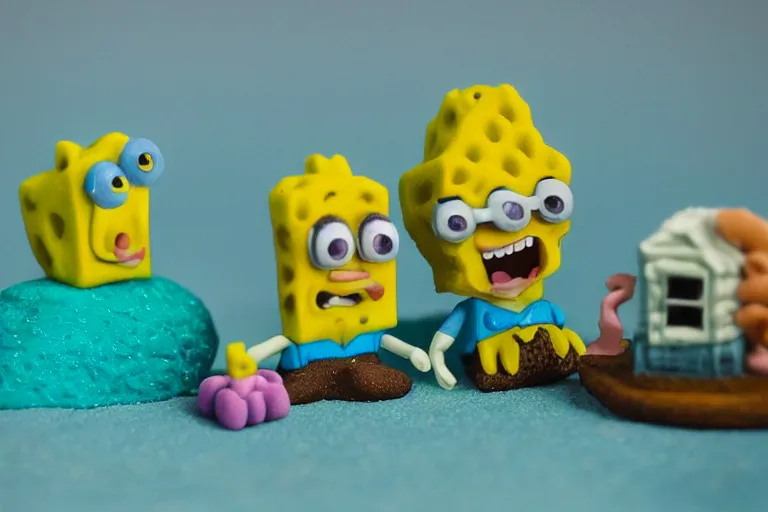 Image similar to miniatures photography of bikini bottom ( spongebob location ), everything has a plasticine sheen