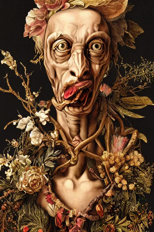 Image similar to Detailed maximalist portrait a Greek god with large lips and with large white eyes, exasperated expression, fleshy skeletal, botany, HD mixed media 3d collage, highly detailed and intricate, surreal illustration in the style of Caravaggio, dark art, baroque