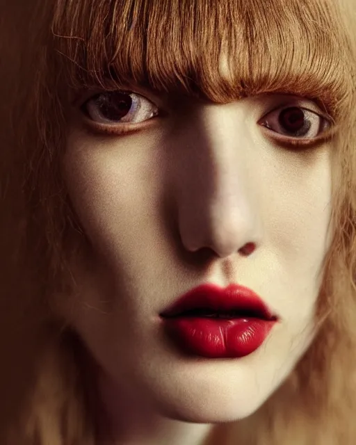 Image similar to woman, thin long nose, medium lips, wheat hair, close - up, high sharpness, zeiss lens, fashionable bruno dayan, erik madigan heck, helmut, karl lagerfel, artistic, hyper - realistic, beautiful face, octane rendering