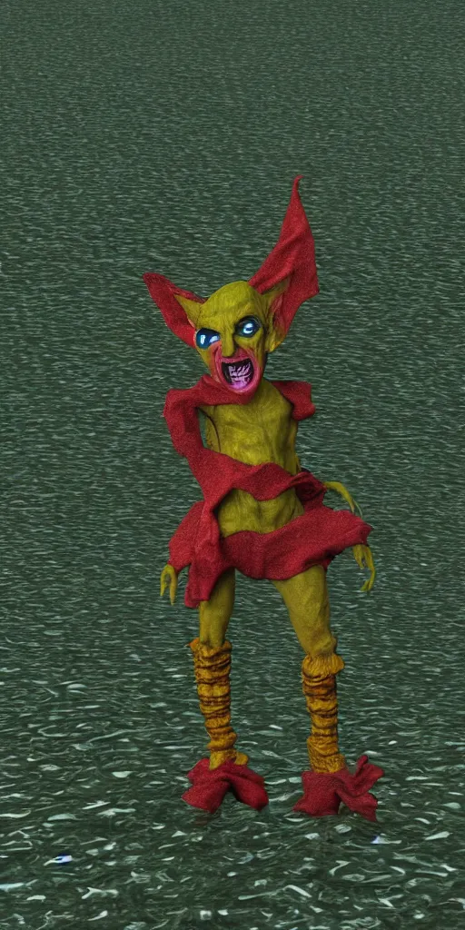 Image similar to malice yellow goblin doll in a lake swamp psx rendered early 90s net art n64 3d 2001