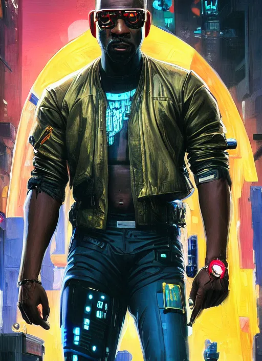 Image similar to Chidi Igwe. Buff Cyberpunk policeman with robotic legs and plastic raincoat. Patrolling rainy city streets. (Cyberpunk 2077, bladerunner 2049). handsome face. Iranian orientalist portrait by john william waterhouse and Edwin Longsden Long and Theodore Ralli and Nasreddine Dinet, oil on canvas. Cinematic, vivid colors, hyper realism, realistic proportions, dramatic lighting, high detail 4k