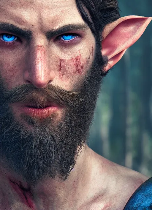 Prompt: A striking epic hyper real painting of an arrogant half elf ranger with shaggy brown hair, scruffy beard, scar on face, blue tunic, unreal 5, DAZ, hyperrealistic, octane render, cosplay, RPG portrait, dynamic lighting