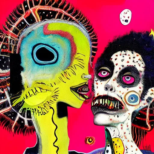 Image similar to beautiful painting of two bizarre psychedelic women kissing each other closeup on an alien planet, speculative evolution, mixed media collage by basquiat and junji ito, magazine collage art, paper collage art, sapphic art, lesbian art