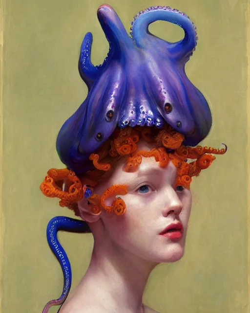 Image similar to a beautiful girl wearing a colourful octopus as a hat, painted by edgar maxence, edward hopper, wayne barlowe and james gilleard, airbrush, art by jamesjean