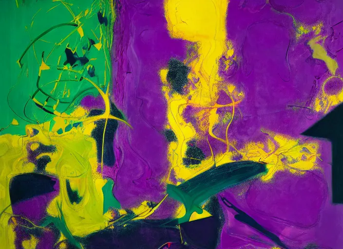 Prompt: abstract painting with beautiful shapes in purple, yellow, dark green, by hernan bas and pat steir and hilma af klint, psychological, photorealistic, dripping paint, washy brush, oil on canvas, rendered in octane, altermodern, masterpiece