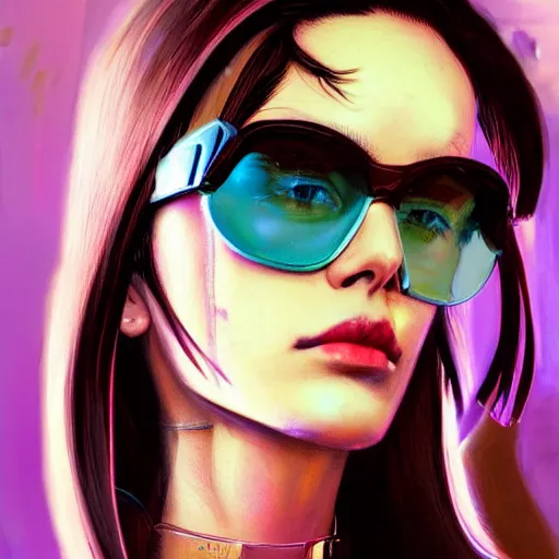 Image similar to very detailed masterpiece closeup painting of a very beautiful young mexican cyberpunk woman with light blue shutter shades, one side haircut, brown hair with light blue ends, purple leather jacket, beauty mark on cheek, portrait, synthwave background, artstation, concept art by greg rutkowski