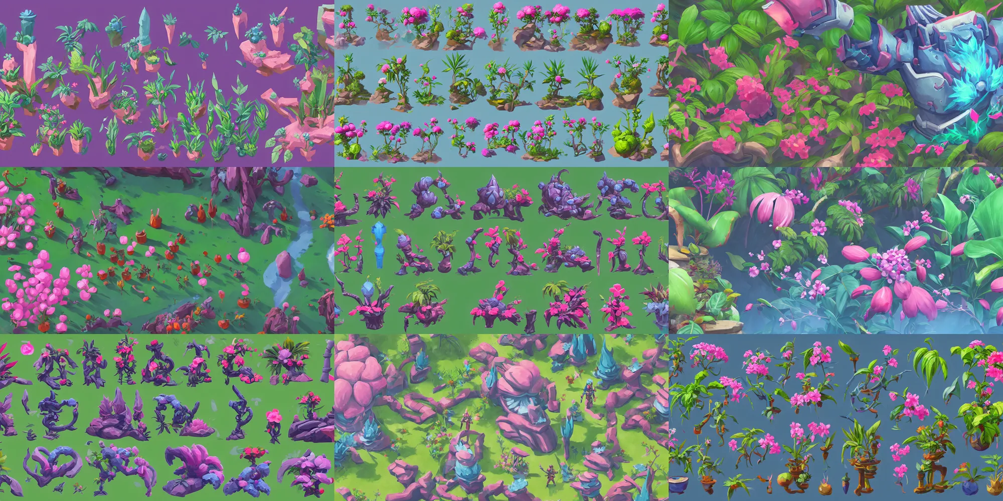 Prompt: game asset of exotic garden plants, in gouache detailed paintings, props, stylized, 2 d sprites, kitbash, arcane, overwatch, blue and pink color scheme, 8 k, close up