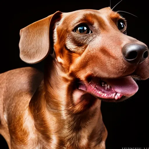 Image similar to dachshund flexing biceps, photography, studio lighting