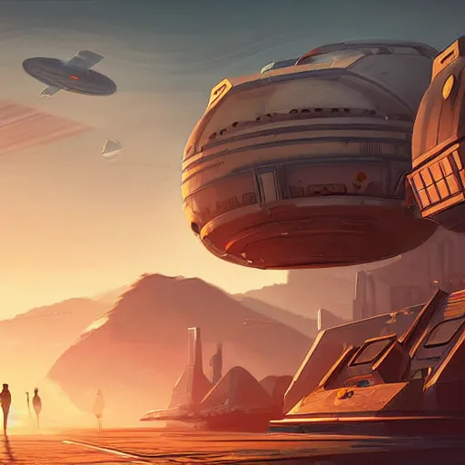 Image similar to a spaceport environment invaded by dark aliens, background art, pristine concept art, small, medium and large design elements, golden hour, in the style of WLOP and Ross Tran