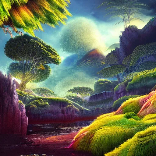 Image similar to digital painting of a lush natural scene on an alien planet by sachiko butou. ultra sharp high quality digital render. detailed. beautiful landscape. colourful weird vegetation. cliffs and water.