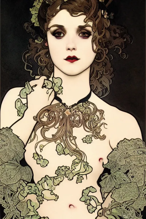 Image similar to A close-up portrait of a cute goth girl wearing a frilly black dress and a black lace choker by Alphonse Mucha, tattoos, art nouveau card, wlop, trending on artstation, 8k