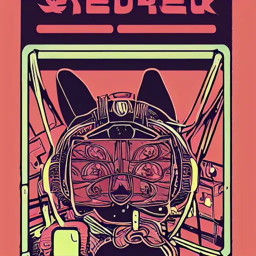 Prompt: Illustrated by Shepard Fairey and Moebius | Cyberpunk cute kitty with VR helmet, surrounded by cables