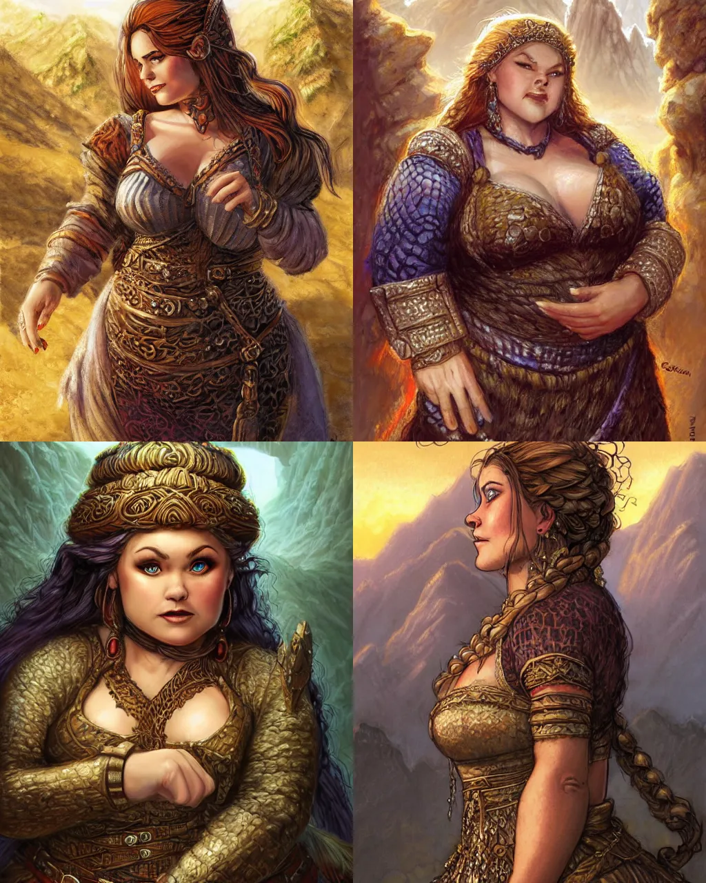 Prompt: beautiful dwarven lady wearing an elegant brocade dress in the mountains, by greg staples, dungeons and dragons, lord of the rings, intricate, ultrarealistic, cheerful, complex braided hair, chubby and plump, big nose, sharp focus, sunlight, soft lighting