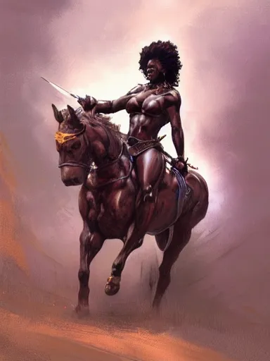 Image similar to painting of a black female zulu warrior riding a horse, highly detailed painting, realistic, symmetrical, illustration, artstation, in the style of frank frazetta, krenz cushart, artem demura