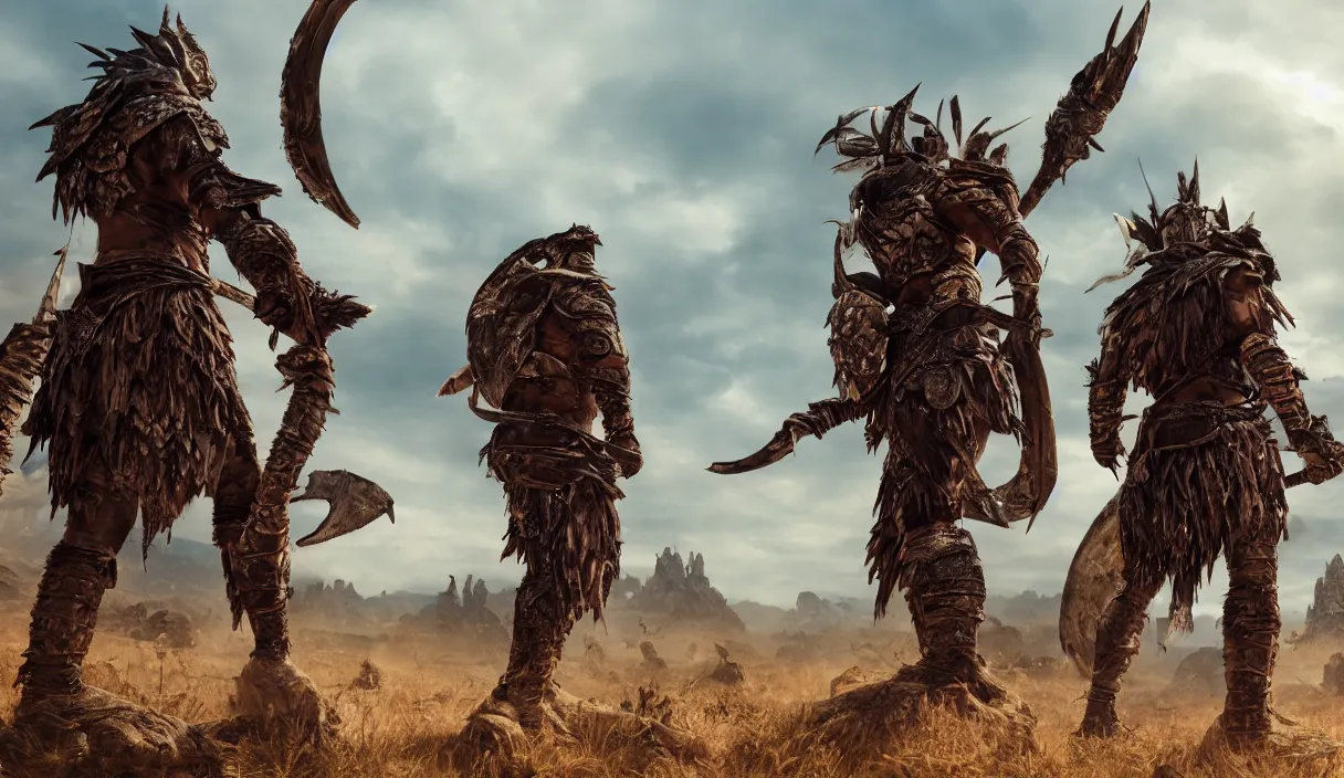 Prompt: panorama photo of two ancient tribesman in armor from monster hunterin the distance, they have futuristic weapons and stands in front of attacking barbarian horde in the background, back shot, muscular bodies, dramatic lighting, cinematic, establishing shot, extremely high detail, photorealistic, 300 the movie,monster hunter the movie, monster hunter, cinematic lighting, artstation, octane render, western,old photo, vintage