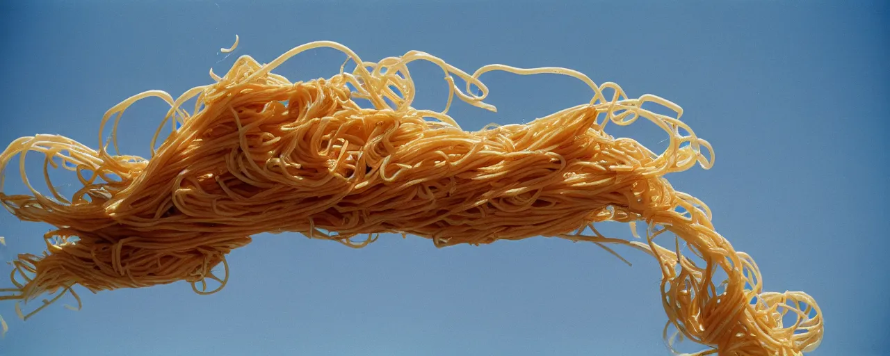 Image similar to a fighter jet built out of spaghetti, flying over the ocean, canon 5 0 mm, cinematic lighting, photography, retro, film, kodachrome