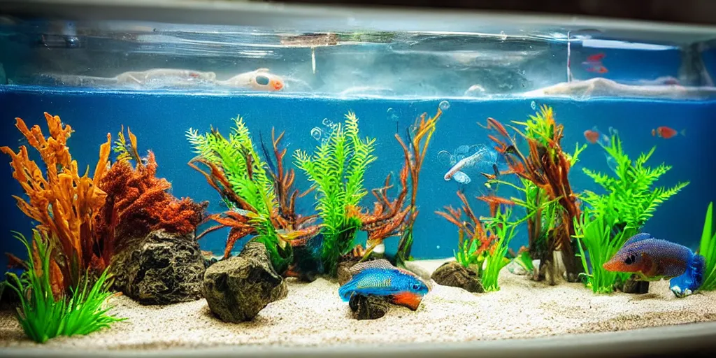 Prompt: fish tank in hospital waiting room. hands in tank. plasticine model in water. newt. figures clay. weird. surreal. tropical fish tank with sand. strange. bubbles. tilt shift. tank. siamese fighting fish. aquatic photography. photorealistic.