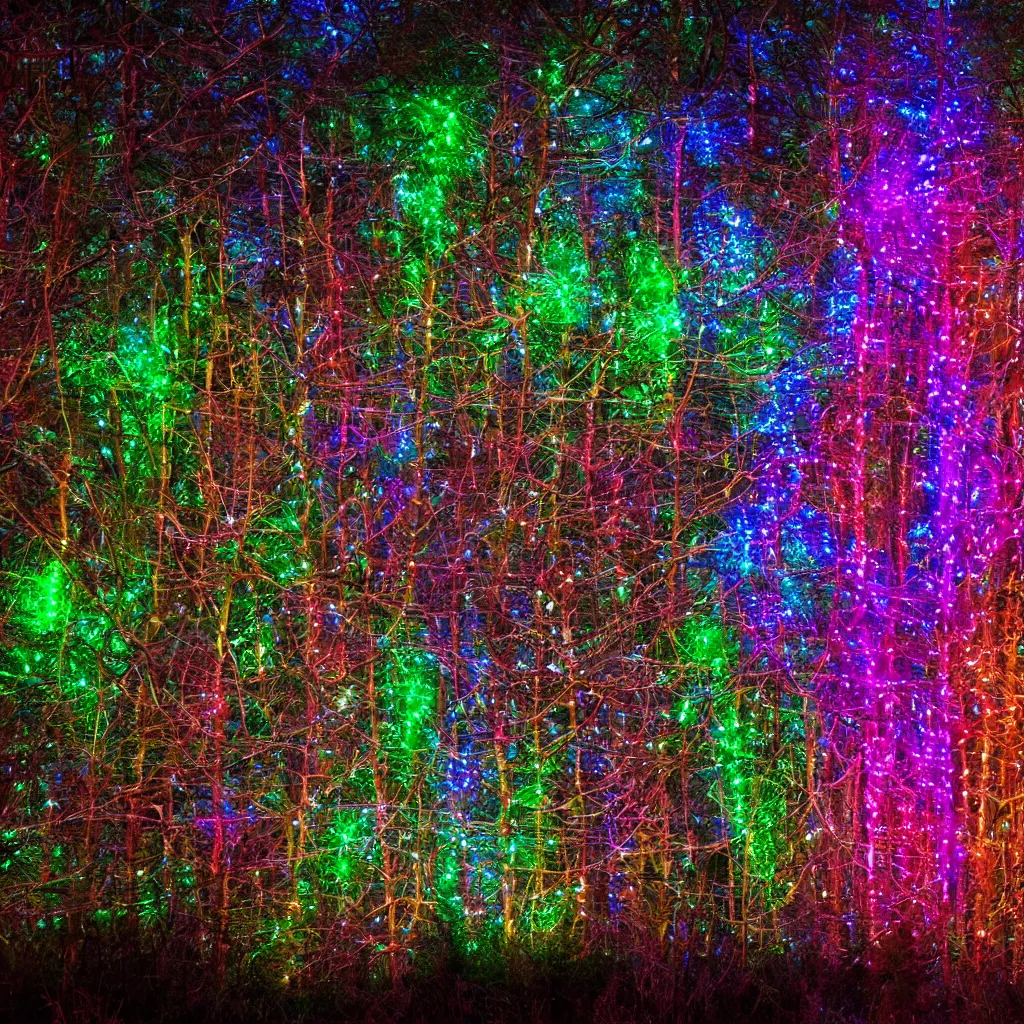 Prompt: A beautiful forest clearing with multicolored lights strung in the branches