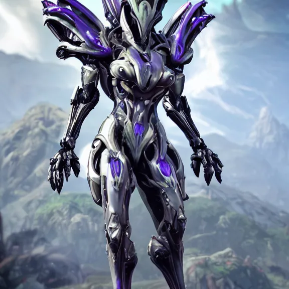 Image similar to extremely detailed front shot of a giant 1000 meter tall beautiful stunning saryn prime female warframe goddess, that's an anthropomorphic hot robot mecha female dragon, silver sharp streamlined armor, detailed head, sharp claws, glowing Purple LED eyes, sitting cutely in the background, rump on top of a mountain below her, a tiny forest with a village in the foreground, in front of her, fog rolling in, dragon art, warframe fanart, Destiny fanart, micro art, macro art, giantess art, fantasy, goddess art, furry art, furaffinity, high quality 3D realistic, DeviantArt, artstation, Eka's Portal, HD, depth of field