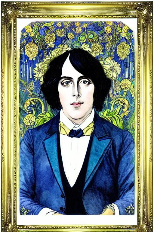 Image similar to realistic portrait of oscar wilde in the center of an ornate victorian gold frame with blue orchids, detailed art by kay nielsen and walter crane, illustration style, watercolor