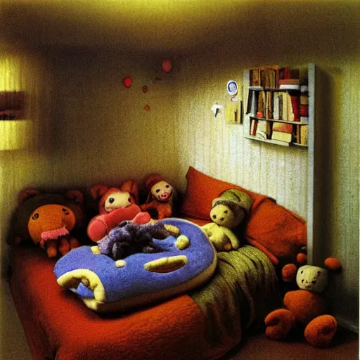 Image similar to An IKEA catalogue photo of a childrens bedroom, with huge cuddly toys, by Beksinski