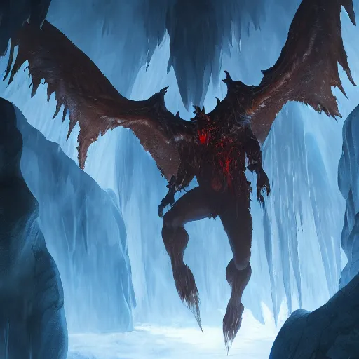 Image similar to demon with wings extended in the ice cave. greg rutkowski. boris vallejo. color grading lut 3 8 4 0 x 2 1 6 0