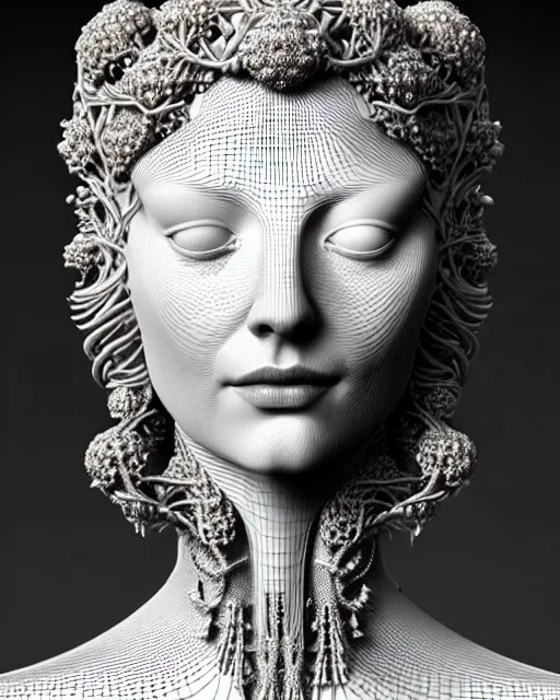 Image similar to bw 3 d render of a beautiful young female queen - cyborg - vegetal, intricate fractal ornament in the bust with a very long neck, elegant, highly detailed intricate rococo ornament in her silver long hair, realistic, refined, highly detailed, cinematic outdoor lighting, by flora borsi in the style of dora maar, volumetric lighting, hyper realistic photography