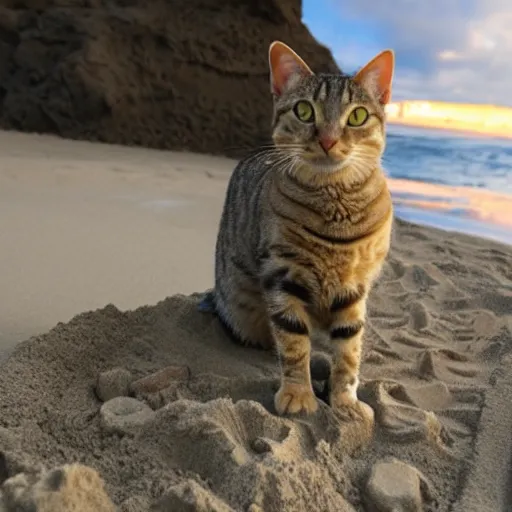 Image similar to a tabby cat building a sandcastle on the beach