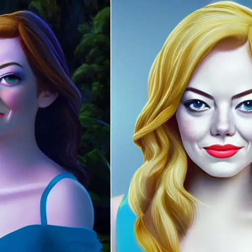 Image similar to emma stone as a disney princess, professional studio lightening, volumetric lightening, photorealism