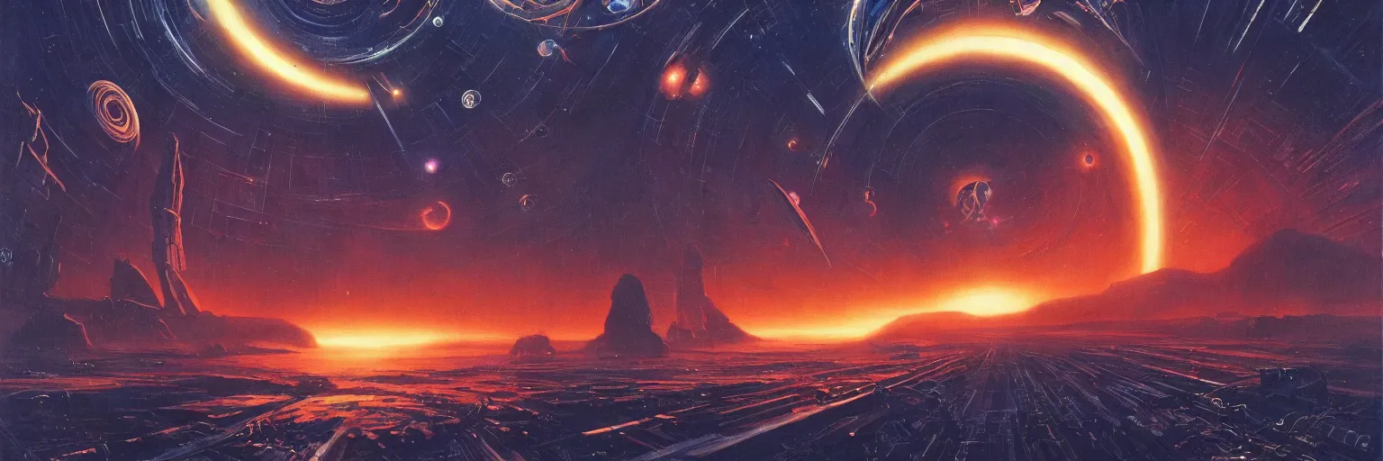 Prompt: an epic colossal intergalactic space portal, by Dean Ellis, by Vincent Di Fate, by Bruce Pennington, by David A. Hardy, by Wayne Barlowe, masterpiece, oil on canvas, trending on artstation, featured on pixiv, cinematic composition, dramatic scene, beautiful lighting, sharp, high details, no frames, 8K
