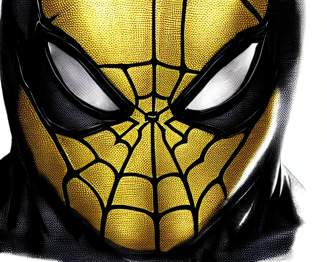 Image similar to photorealistic sketch of black spider - man with gold webbing