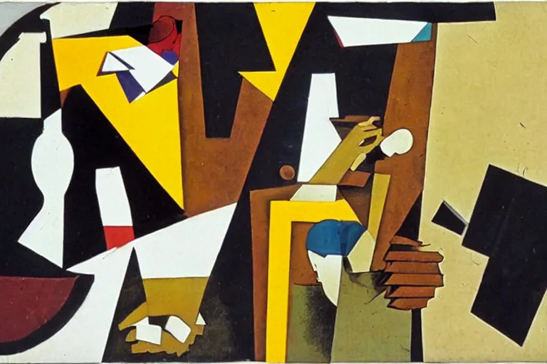 Prompt: Two figures facing camera, they are fighting very angry, Chaotic, paper collage, style of Juan Gris, abstract