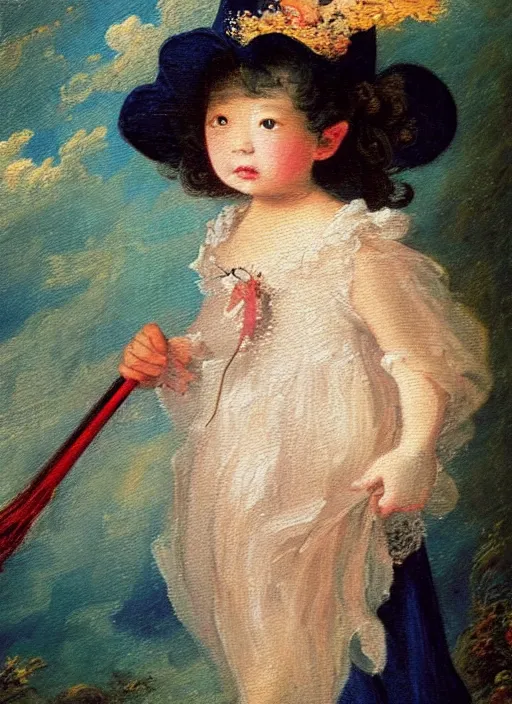 Image similar to little cute witch in an oil painting by jean - honore fragonard, portrait, with a broom, bob cut black hair, red bow in the hair, asian girl, intricate details, symmetrical face, sky in the background, stars, sparkles, glitter, sunset, epic lighting, soft vibes, navy blue red and black tones, ghibli tones, cinematic