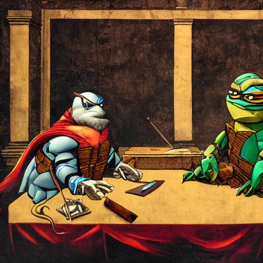 Image similar to leonardo davinci and shredder from the teenage mutant ninja turtles hosting a podcast, intricate, highly detailed, renaissance and comic book art style, 4 k, table with microphones